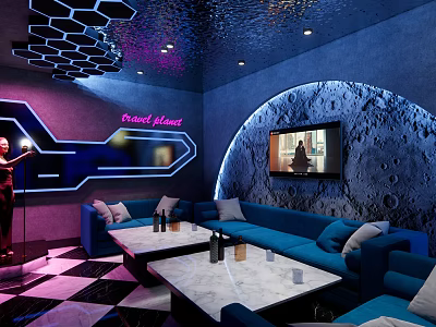 KTV Room Interior With Travel Planet Neon Lights Blue Sofas Moon Shaped Wall And TV 3d model