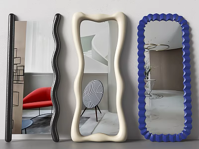 Modern Decorative Mirrors With Various Shapes And Colors Reflecting Interior Scenes 3d model