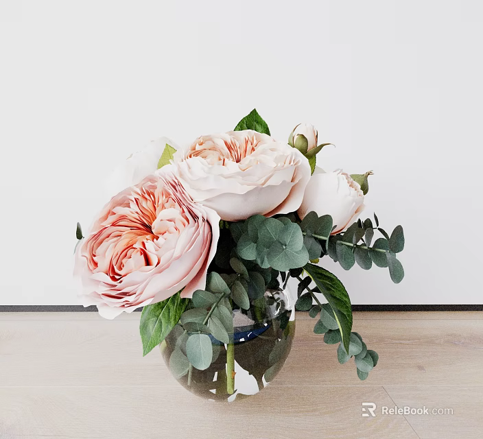 Beautiful Peach Peonies and White Roses in Glass Vase with Eucalyptus Leaves on Wooden Table 3d model 