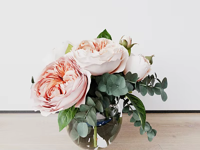 Beautiful Peach Peonies and White Roses in Glass Vase with Eucalyptus Leaves on Wooden Table 3d model