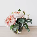 Beautiful Peach Peonies and White Roses in Glass Vase with Eucalyptus Leaves on Wooden Table