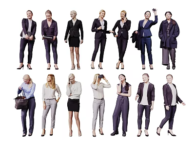 Group of Professional Women in Business Attire with Various Poses Standing and Walking 3d model