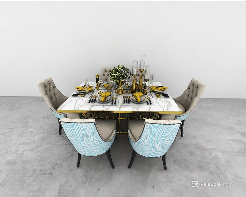Elegant Dining Table Set With Marble Top Blue Gray Chairs And Gold Accents 3d model 
