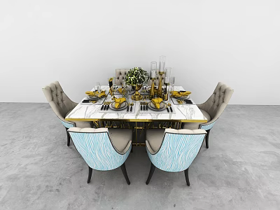 Elegant Dining Table Set With Marble Top Blue Gray Chairs And Gold Accents 3d model