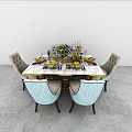 Elegant Dining Table Set With Marble Top Blue Gray Chairs And Gold Accents