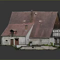 Traditional Country House With Red Roof White Walls Wooden Frames Red Door And Chimneys