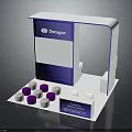 Decagon Exhibition Booth With White Blue Curved Panel Screen Purple White Cylinders And Luminance Lighting