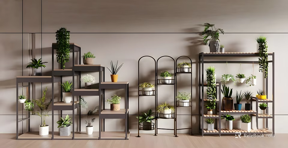 Indoor Bonsai Potted Plants Display On Multiple Metal Shelves With Various Greenery 3d model 