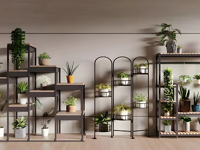 Indoor Bonsai Potted Plants Display On Multiple Metal Shelves With Various Greenery 3d model