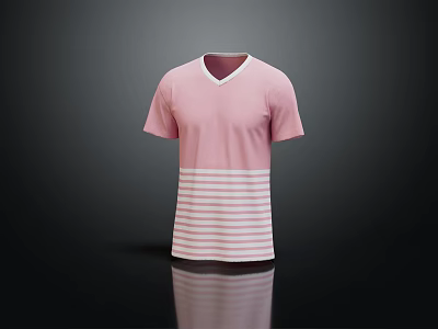 Pink V neck short sleeve T shirt with white and pink striped lower part 3d model