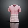 Pink V neck short sleeve T shirt with white and pink striped lower part