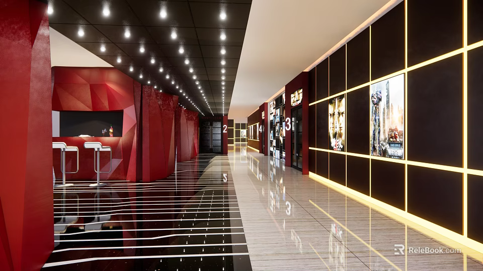 Stylish Modern Elevator Hallway Interior With Red Walls Black Panels And Golden Lighting Strips 3d model 