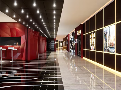 Stylish Modern Elevator Hallway Interior With Red Walls Black Panels And Golden Lighting Strips 3d model