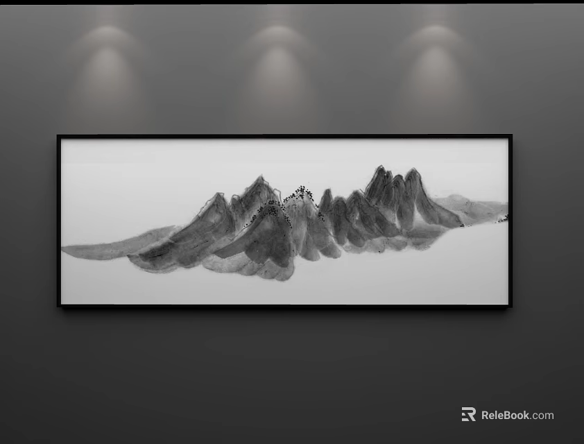 Chinese Ink Landscape Painting With Black Frame And Mountain Range Under Spotlights On Gray Wall 3d model 