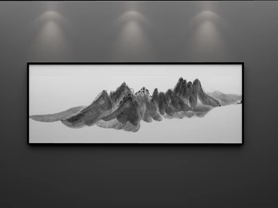Chinese Ink Landscape Painting With Black Frame And Mountain Range Under Spotlights On Gray Wall 3d model