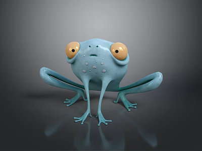 Blue Reptile With Yellow Large Eyes Small Spots Stretched Limbs On Gray Background Reflection 3d model