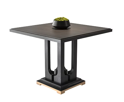 Dark Wooden Square Dining Table with Unique Geometric Base Golden Support and Black Bowl Greenery 3d model