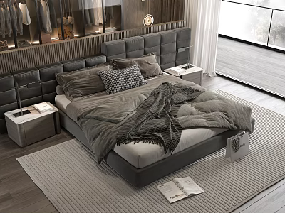 Modern Bedroom Interior With Background Double Bed Tufted Headboard Pillows And Soft Rug 3d model
