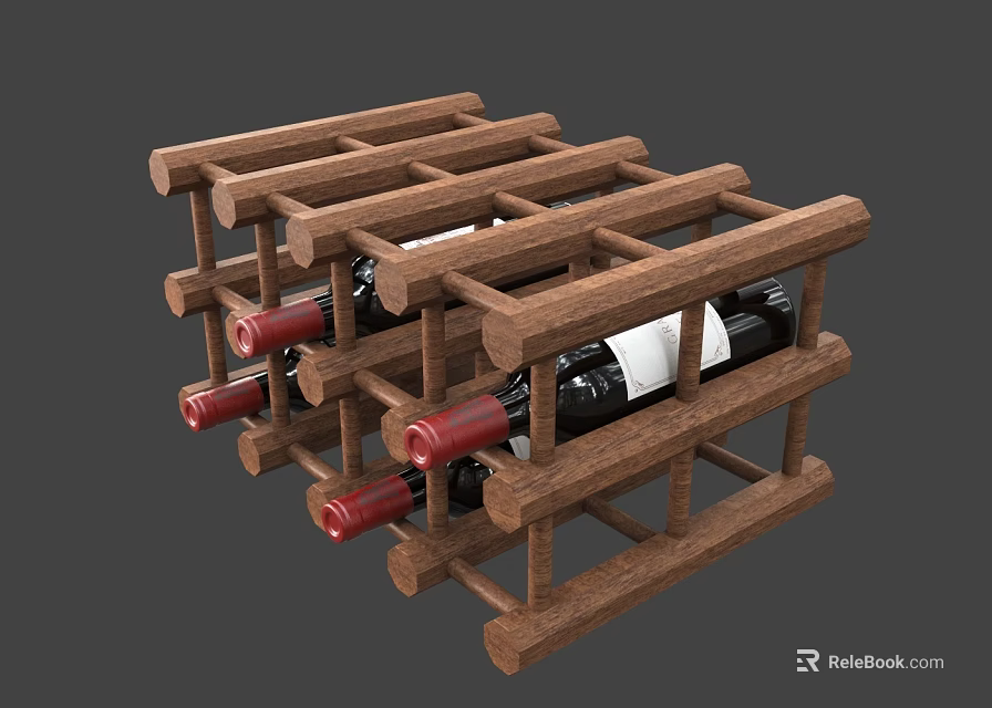 Wooden Wine Storage Rack With Multiple Layers Holding Red Wine Bottles 3d model 