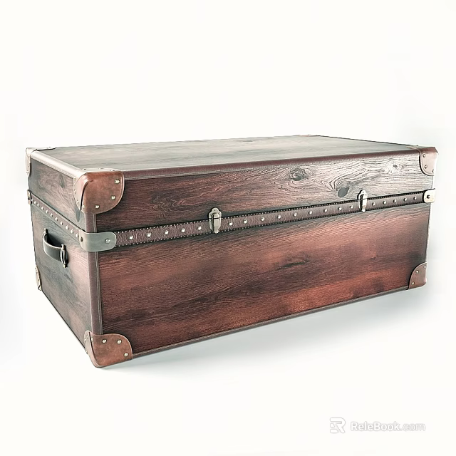 Vintage Wooden Trunk Featuring Metal Accents And Dark Brown Wood Texture 3d model 