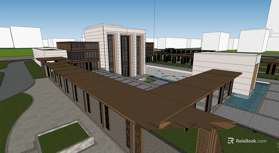 Modern Sales Office Building with Brown Roof Structure and Courtyard Design in Urban Context 3d model 