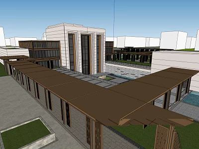 Modern Sales Office Building with Brown Roof Structure and Courtyard Design in Urban Context 3d model