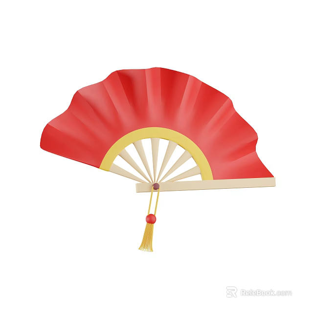 Red Fan Decorative Ornament Set With Yellow Border Wooden Handle And Tassel 3d model 