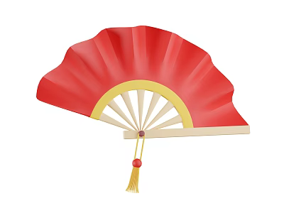Red Fan Decorative Ornament Set With Yellow Border Wooden Handle And Tassel 3d model