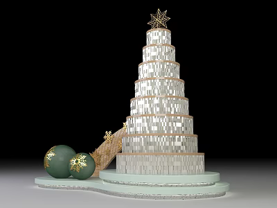 Commercial Landscape Decoration Featuring Silver Tiered Structure Star On Top Green Balls And Golden Accents 3d model