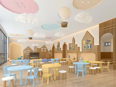 Vibrant Kindergarten Interior With Colorful Tables Chairs Cloud Hot Air Balloon Decorations And Wooden Elements 3d model
