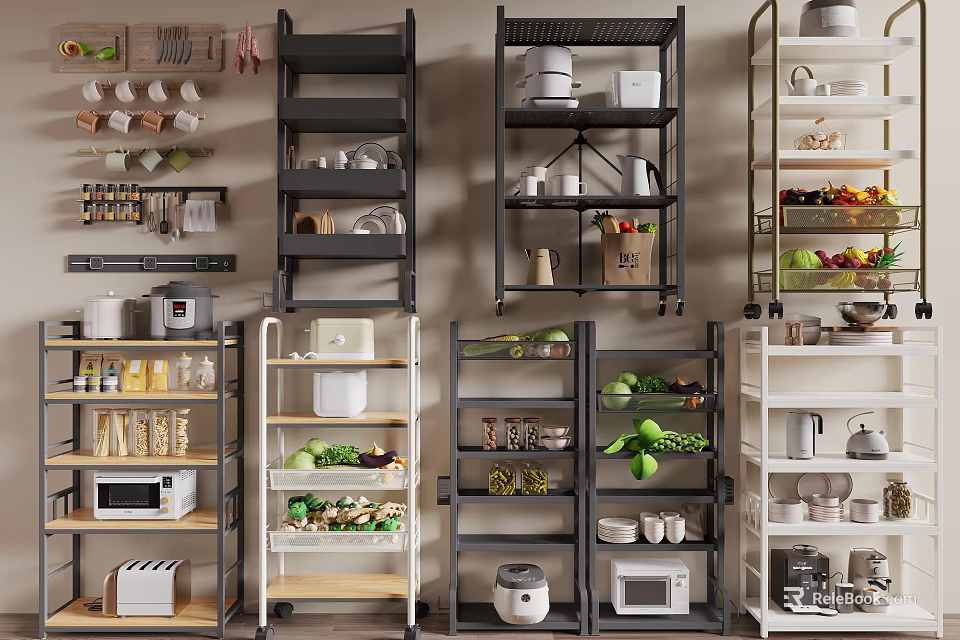 Space Saving Multi tier Kitchen Storage Shelves With Vegetables Dishes Jars And Microwave 3d model 
