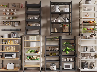 Space Saving Multi tier Kitchen Storage Shelves With Vegetables Dishes Jars And Microwave 3d model