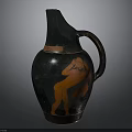 Ancient Black Pottery Sculpture With Handle And Red Human Figure Carving