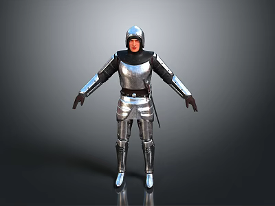 A Man Standing in Full Silver Armor with Gray Background and Shiny Floor 3d model
