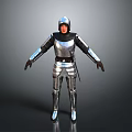 A Man Standing in Full Silver Armor with Gray Background and Shiny Floor