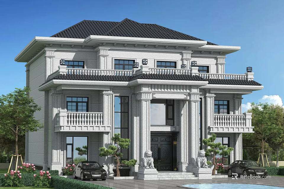Two Story Classical Detached Villa Exterior With Columns Stone Lions And Green Plants 3d model 