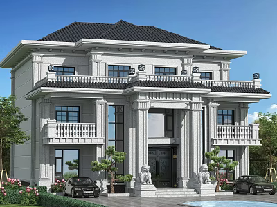 Two Story Classical Detached Villa Exterior With Columns Stone Lions And Green Plants 3d model