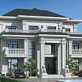 Two Story Classical Detached Villa Exterior With Columns Stone Lions And Green Plants