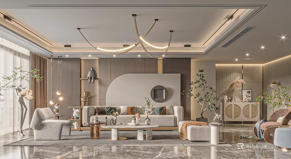Modern Luxury Living Room Interior Design With Sofa Coffee Table Chandelier And Green Plants 3d model 