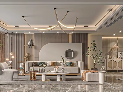 Modern Luxury Living Room Interior Design With Sofa Coffee Table Chandelier And Green Plants 3d model