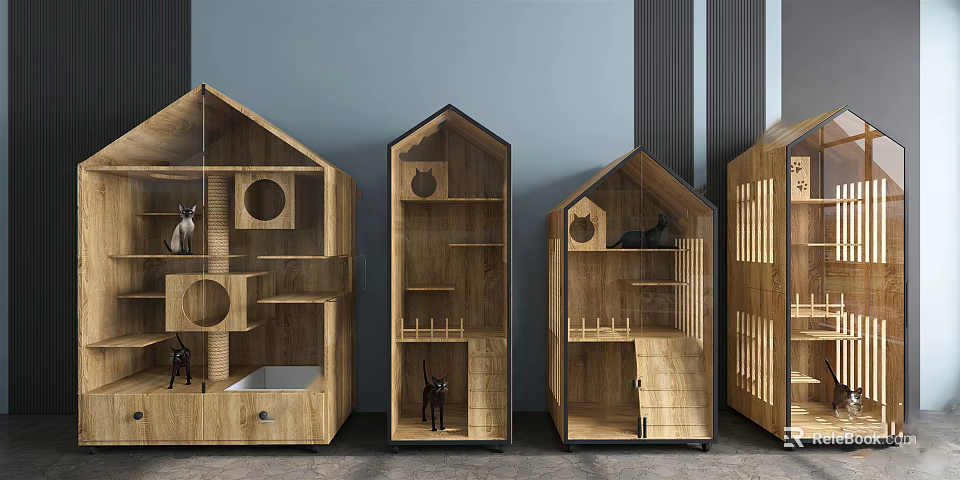 Wooden House Shaped Cat Furniture With Glass Doors And Interior Shelves 3d model 