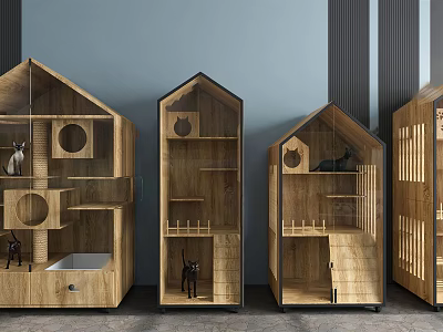 Wooden House Shaped Cat Furniture With Glass Doors And Interior Shelves 3d model