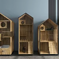 Wooden House Shaped Cat Furniture With Glass Doors And Interior Shelves