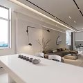 Modern Duplex Living Room Interior With Chandelier High Ceiling And Large Windows
