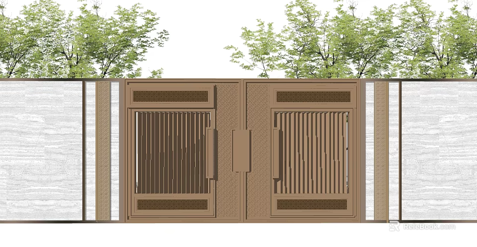 Brown Garden Wall With Lattice Design White Vertical Strips And Green Plants 3d model 