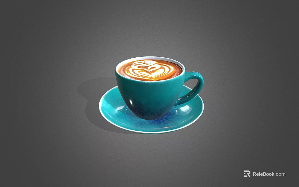Teal Coffee Cup On Matching Saucer With Latte Art For Daily Use 3d model 