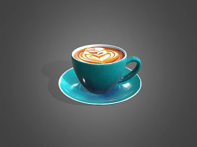 Teal Coffee Cup On Matching Saucer With Latte Art For Daily Use 3d model