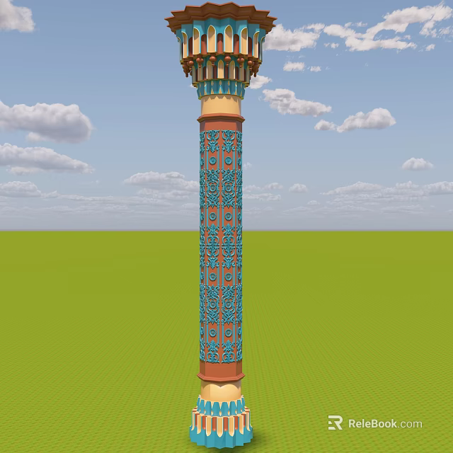 Ornate Decorative Column With Blue Orange Patterns Against Green Field And Cloudy Sky 3d model
