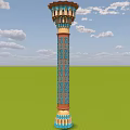 Ornate Decorative Column With Blue Orange Patterns Against Green Field And Cloudy Sky 3d model