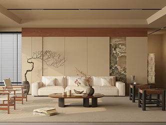 Middle Ancient Style Home Living Room Sofa Coffee Table Combination Casual Chair Dried Branches Ornaments Sofa Coffee Table Combination Floor Lamp Carpet 3d model